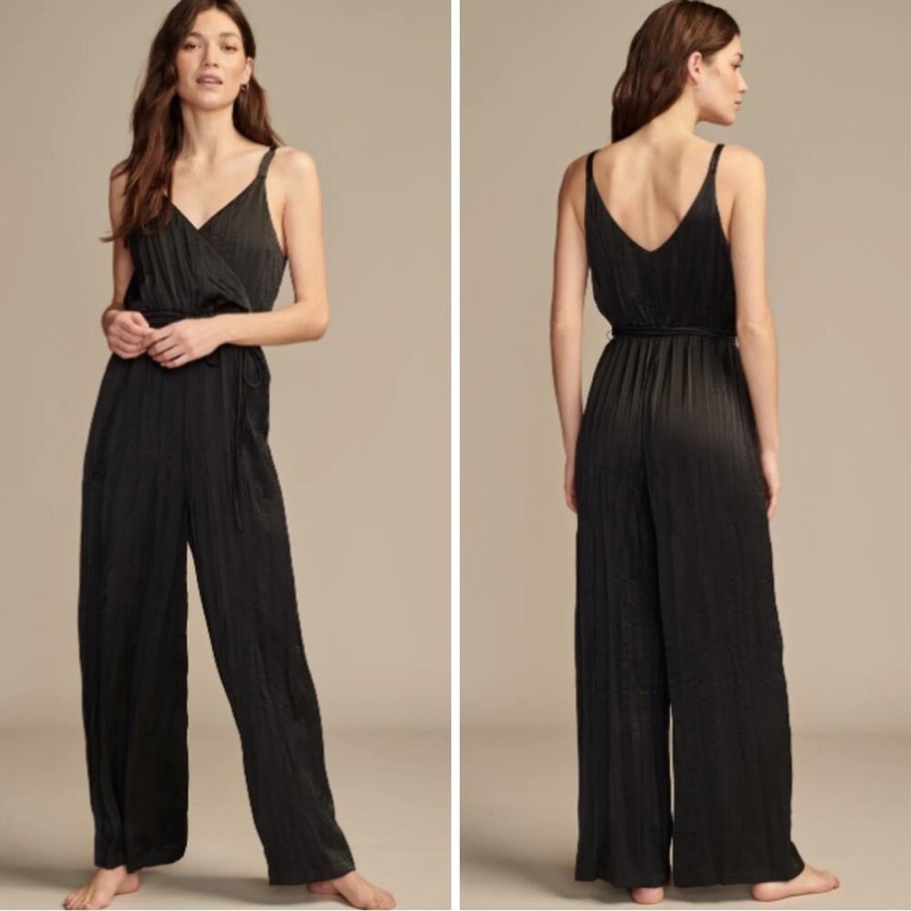Lucky Brand Black Pleated Satin Sleeveless Jumpsuit Sophisticated Retro Minimal